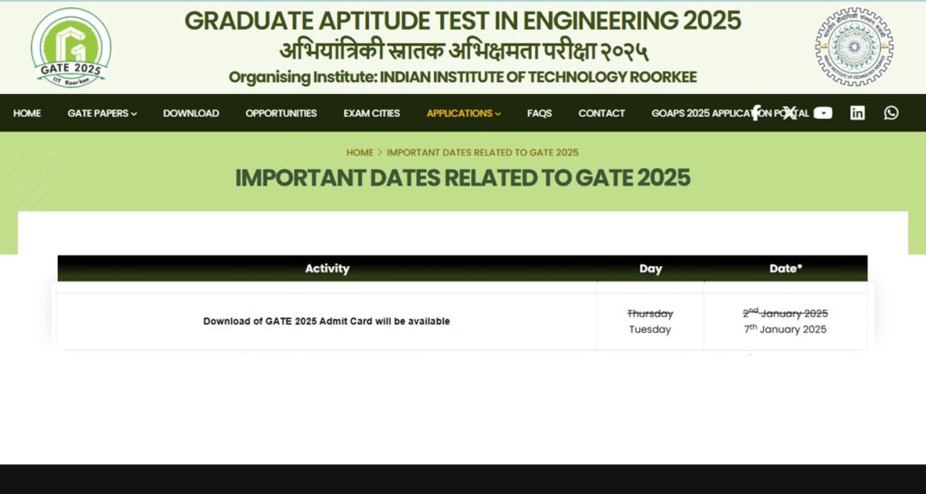 GATE Admit Card 2025 releasing 7 Jan