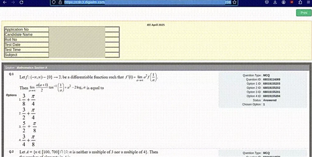 JEE Main Response Sheet 2025 